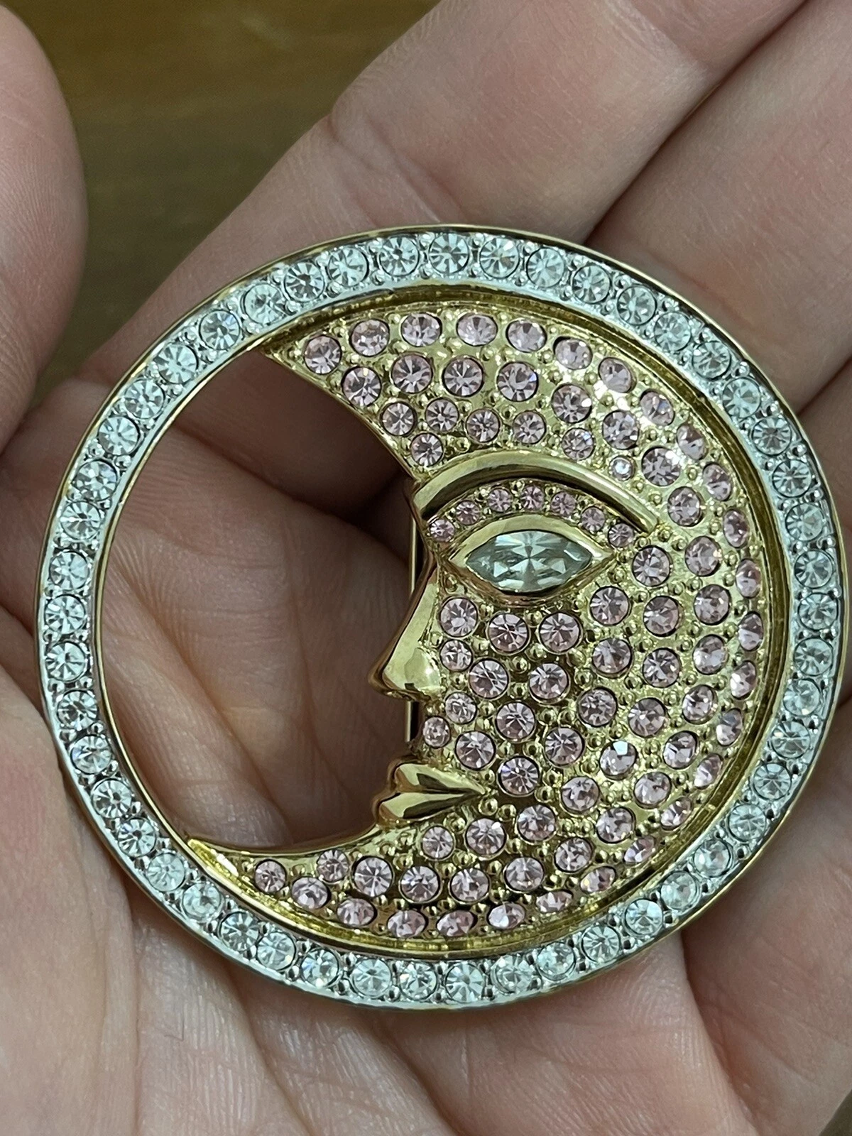 Broche Lune Vintage Strass Rose Bijoux Fantaisie