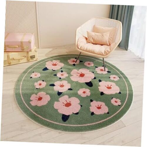 Round Floral Area Rugs for Bedroom Pink Flowers Green Kids Rugs 5'3"/160CM N02