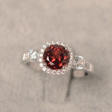 925 Sterling Silver Garnet Women Ring Round Cut Natural Gemstone Halo Ring