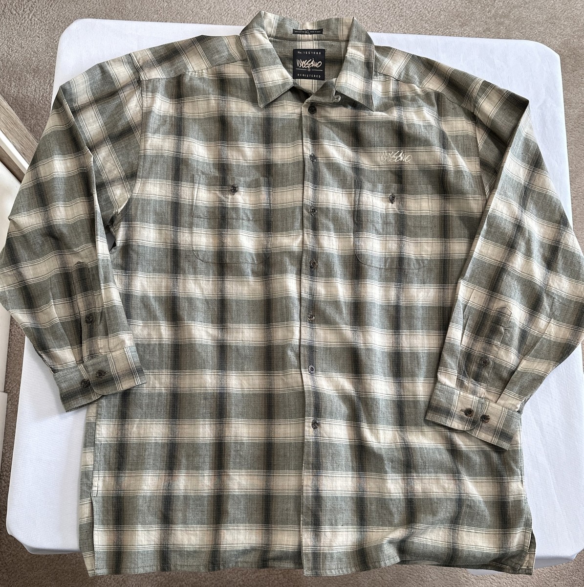 VTG 90s Mossimo Mens XL Tan Grey Flannel Button Long Sleeve