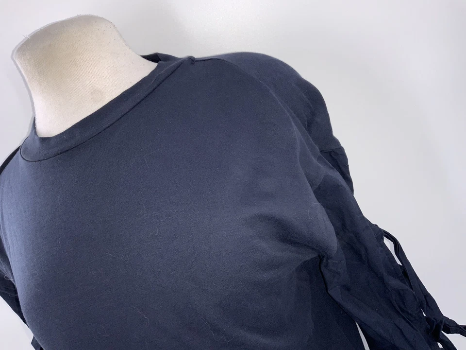 Tory Burch Dress XS Navy Blue Cotton Crew Long Sleeve Ribbon India YGI J2-92 - Image 3 of 4