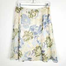 Talbots Petites 27 Blue Yellow Floral Silk Midi Skirt Cottagecore Watercolor