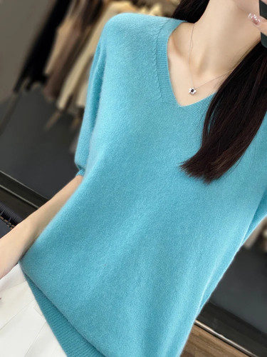 Women V-Neck T-shirt Half-Sleeve Pullover Sweater Spring Knitwear Fashion Tops - Picture 20 of 32