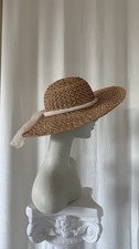 Vintage 40s 50  s Woven Straw Sun Hat Wide Brim Chiffon Bow