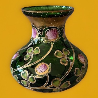 Moser Bohemian Czech Emerald Hand Painted Vase Clover Flowers Heavy Gilding