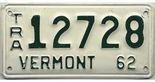 *BARGAIN BIN*  1962 Vermont TRAILER License Plate #12728