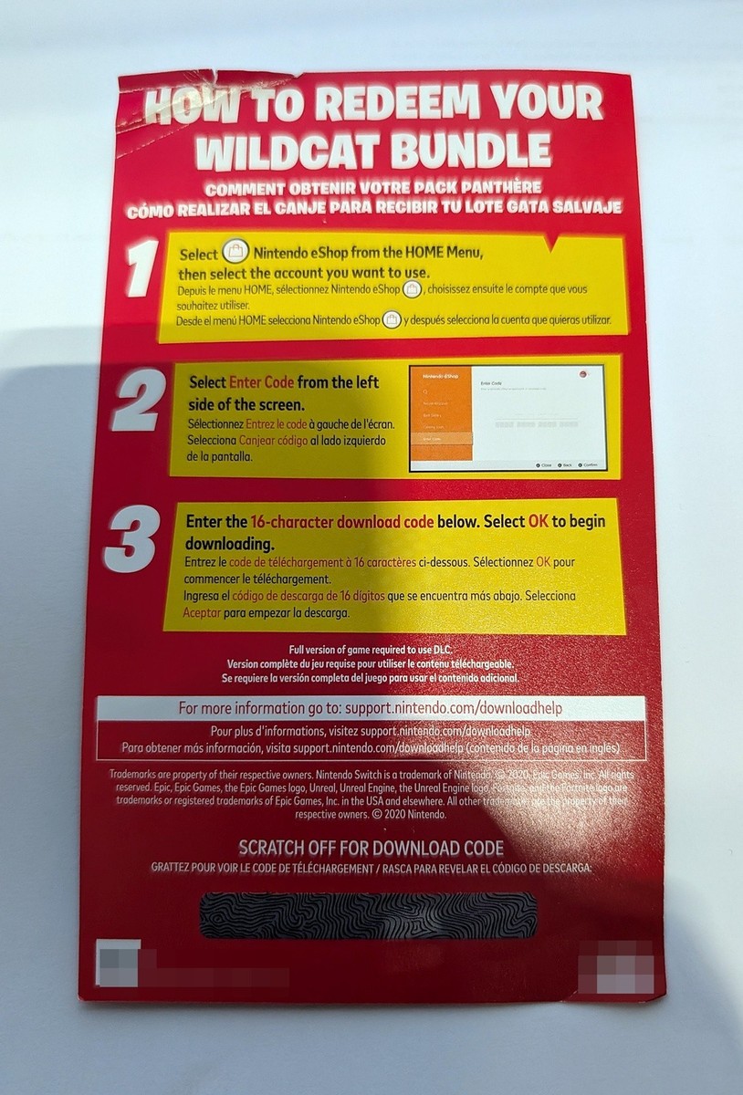 ベルワイルドキャットバンドルコード　チラシ Nintendo Switch Fortnite WILDCAT Vbucks Bundle Card Code