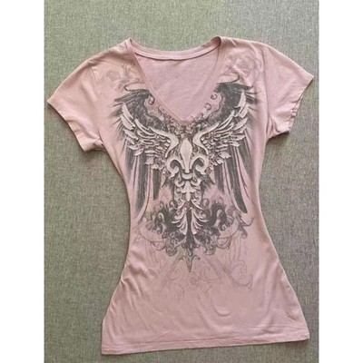 Womens Y2K Angel Wings Graphic Baby Tee Pink V Neck Fitted Grunge Top S-XL