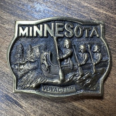 Minnesota Voyageur Belt Buckle Brass Vtg 80s TCF Bank Collectors Boundary Waters