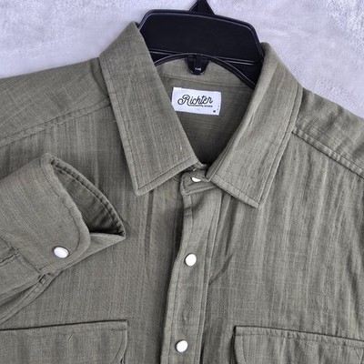 Richter Goods Mens Western Pearl Snap Olive Gree Shirt Long Sleeve Pockets