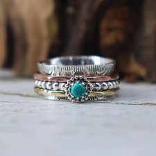 Spinner Band Natural Blue Gemstone Ring - Textured Turquoise, Wide Sterling