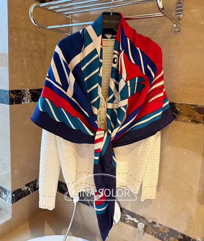 70% cashmere 30% silk blue double-sided printed square wrap shawl 130x130cm