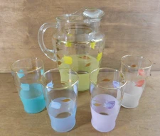 Vtg Juice Lemonade Set Pitcher Jug Glasses Frosted Hand Painted MCM Tulips Gold