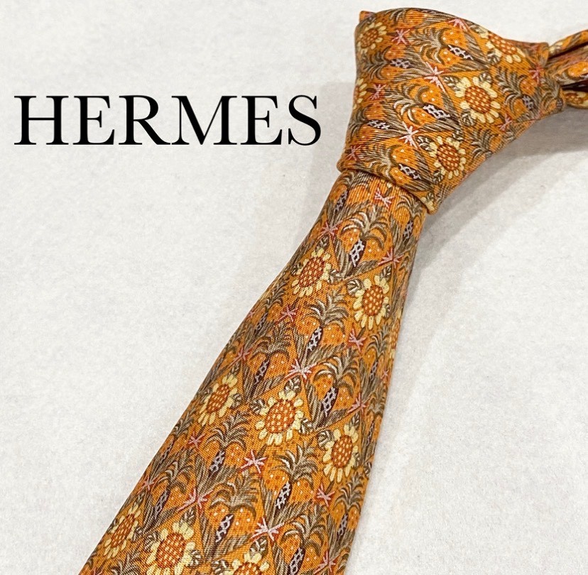 HERMES  Neck tie Silk Orange Logo 7672 TA japan seller business Made in France