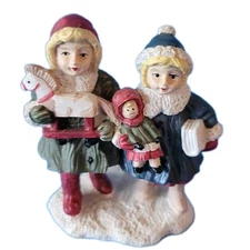 St Nicholas Square Christmas Village Figure Girls With Toy Horse and Doll 