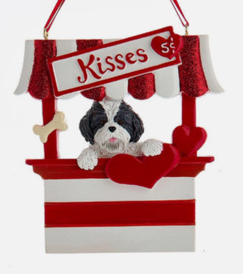 KURT ADLER 4'' RESIN GREY SHIH TZU DOG KISSES KISSING BOOTH CHRISTMAS ORNAMENT