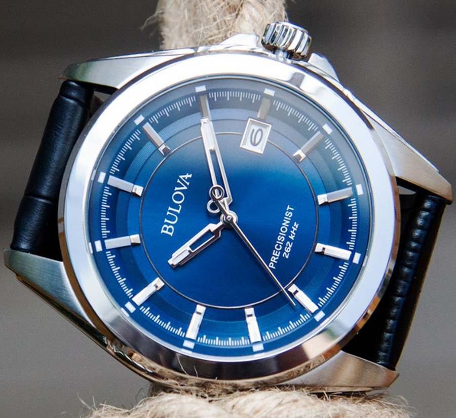 Bulova Precisionist Blue Dial Silver Tone Black Leather Band Men's