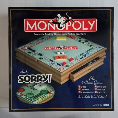Monopoly, Sorry, Plus 6 Classic Games In 1 Tabletop Wood Cabinet - New
