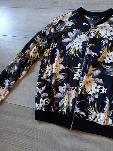 Dorothy Perkins Black Floral Bomber Jacket Zip Front Black Ribbing Casual UK12 - Picture 8 of 20