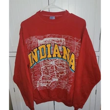 Vintage SUN Sportswear Indiana Map Graphic Crewneck Sweatshirt Red Size L 90s