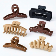 Pack 6 Plastic Hair Claw Clips Lot Set Solid Neutral Colors Brown Beige Black