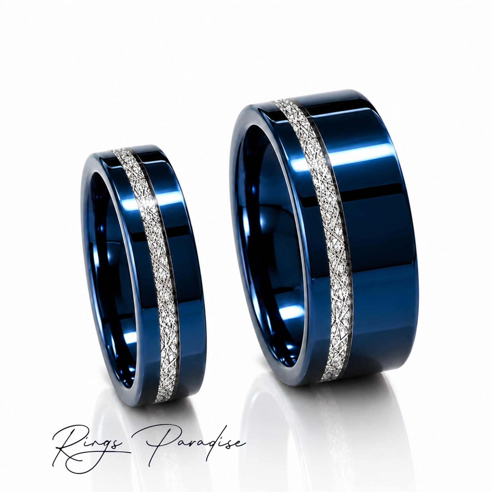 Blue Tungsten Wedding Band | Flat Meteorite Inlay Ring | 7mm and 9mm