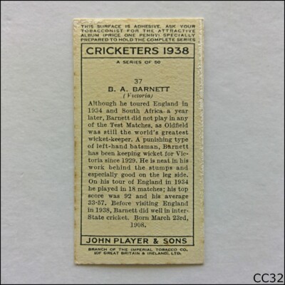 John Player Cricketers 1938 #37 B.A. Barnett Cigarette Card (CC32)