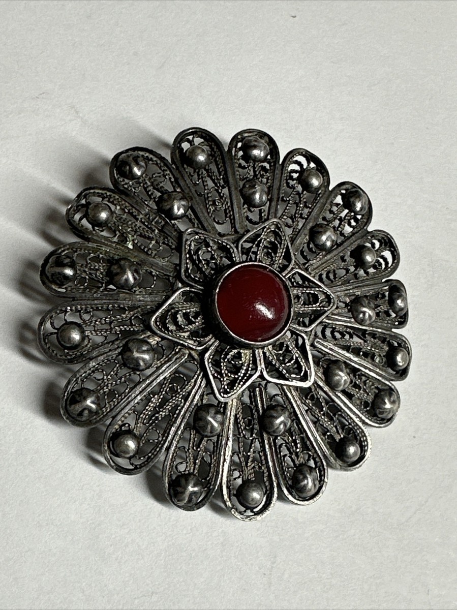 Vintage Antique 930 Silver Filigree Brooch with a Red Stone View 2