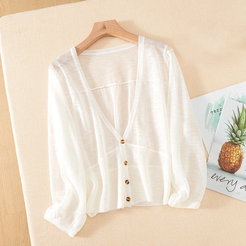 Cárdigan recortado de gasa empalmado manga 3/4 bolero encogido de hombros algodón lino para dama