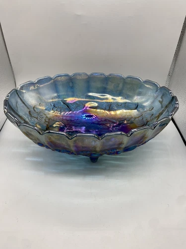 Fruit Bowl Indiana Glass Iridescent Blue Harvest Carnival Grape Footed VTG 12 In