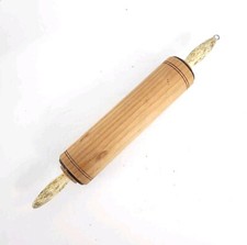 Vtg Rolling Pin Carved Stripes Wood Rustic Decorative White Handles 14" Rare HTF