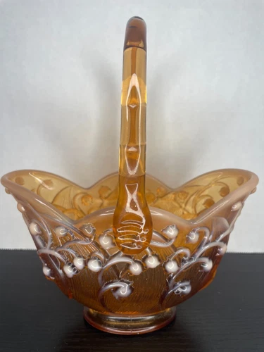 Vintage Fenton Caramel Amber Opalescent Lilly of the Valley Oval Basket