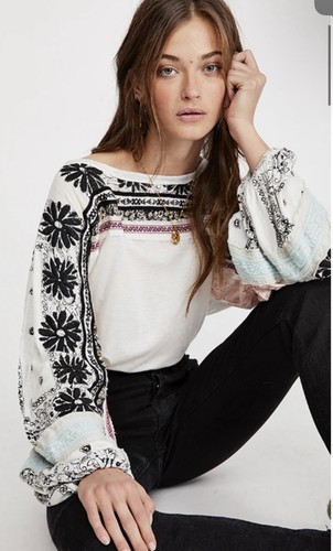 Free People Tripoli Embroidered Patchwork Trim Tunic Top Tee Shirt Size S