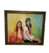 vintage portrait painting of two young girls, signed by n. wangenstein, in...