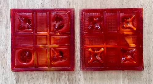 ANTIQUE SIGNED 4” TIFFANY STUDIOS L.C.T. 1881, FIRE RED FAVRILE GLASS TILE x2