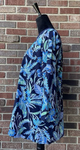 Lands End Top Tropical Floral Blue Stretch Long Sleeve Vacation Size L - Picture 2 of 6