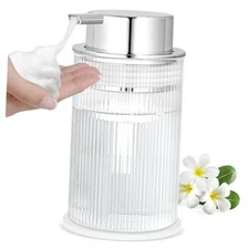  14oz Ribbed Glass Foaming Hand Soap Dispenser, High-Capacity Easy Silver Lid