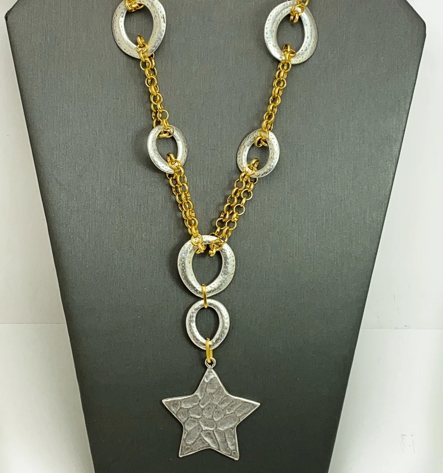 Collar Colgante Estrella Celestial de Chico 2 Tonos Eslabones de Plata Cadena Oro 26 pulgadas Foto 3 de 4