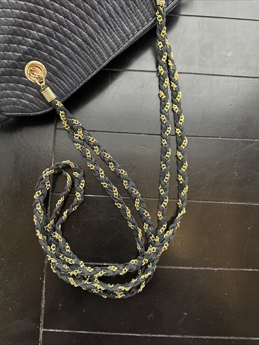 VTG Bally Quilted Leather Shoulder Bag Navy Blue Tassel Gold Chain - Picture 8 of 13