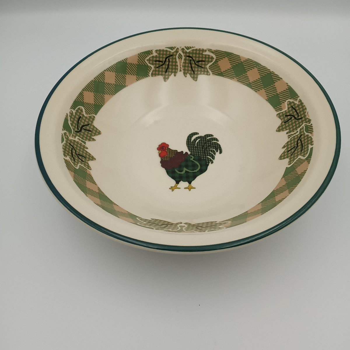International China Rooster Morn 8" bowl, Ingelman Designs 1998, green/tan plaid
