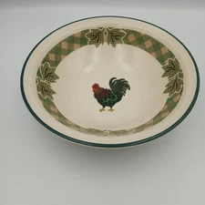 International China Rooster Morn 8" bowl, Ingelman Designs 1998, green/tan plaid