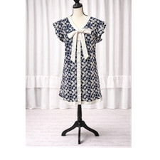 Navy White 100% Cotton A-Line Dress Short Flutter Sleeve Bow Accent | M
