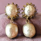 Miriam Haskell Baroque Pearl Earrings Dangle Clip On Gold Tone Repair