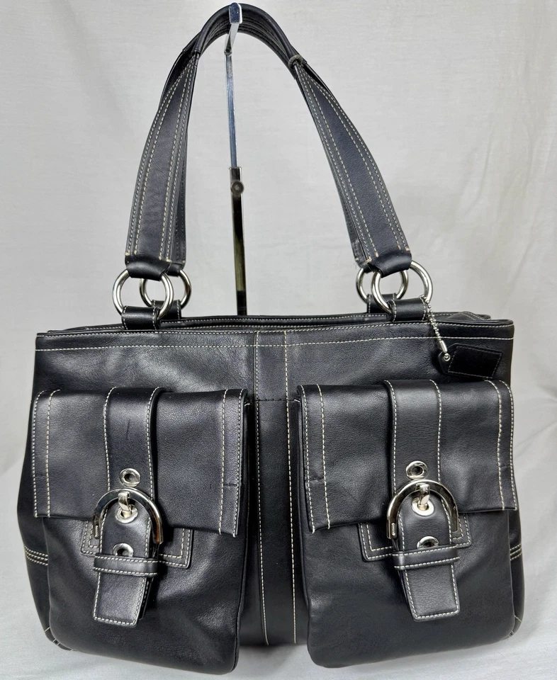 😎😎😎ВИНТАЖНЫЙ ТРЕНЕР черный SOHO кожи Lg сумка с короткими ручками DBL передние карманы и бумажник #6468 - Изображение 3 из 4