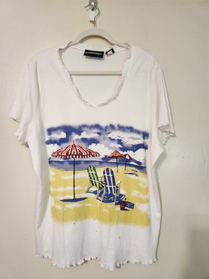 Seaside Beach Tee Blouse Soft Stretch 2X  Embellished Scalloped Hem Short Sleeve