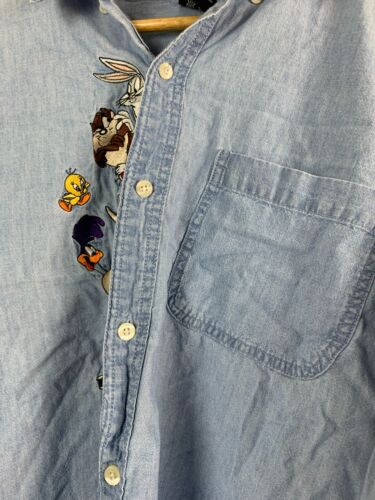Vintage 90s Looney Tunes Warner Bros Denim Shirt XL Bugs Bunny Taz Tweety Unisex - Picture 10 of 11