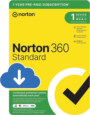 Norton 360 Standard Antivirus 2025 1 Gerät 1 Jahr Sofortcode am selben Tag