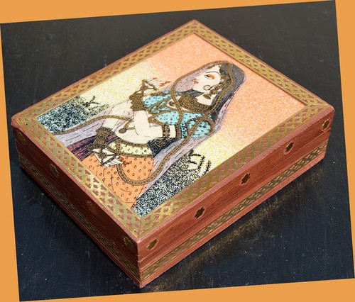 Wooden jewelry box with glass gem stone painting and brass border from India! - Picture 2 of 6