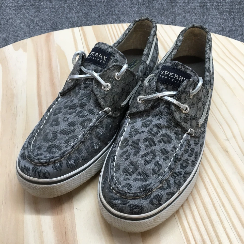 Sapatos femininos Sperry Top Sider 10 M barco leopardo com cadarço conforto tecido cinza - Imagem 4 de 4