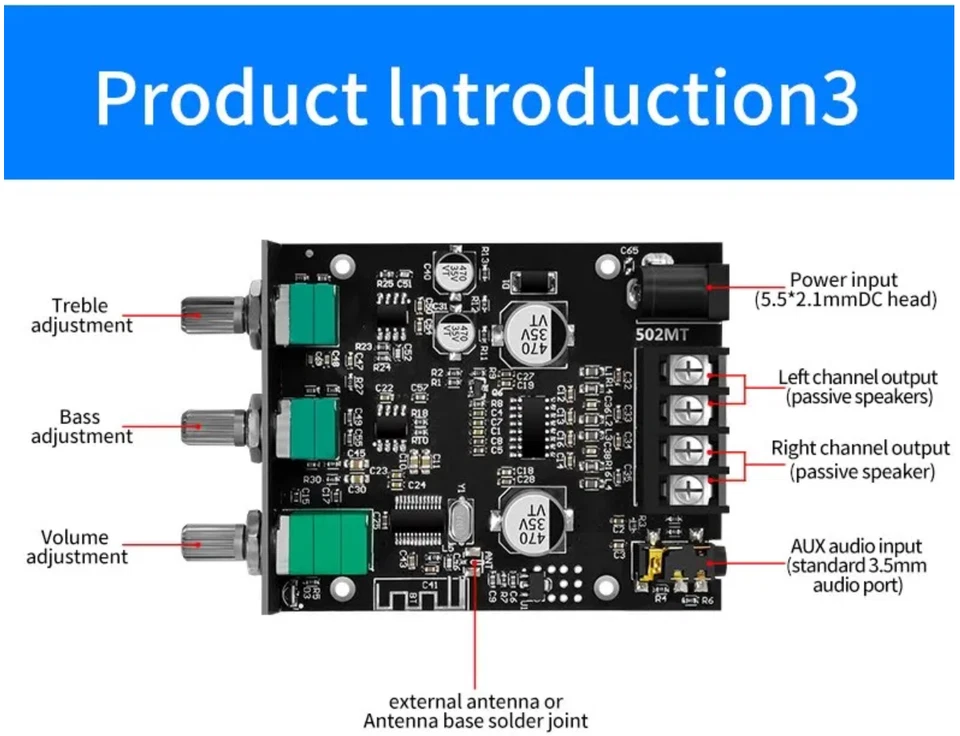 ZK-502MT Bluetooth 5,0 Subwoofer Verstärker Platine 2,0 2x50W - Bild 4 von 4